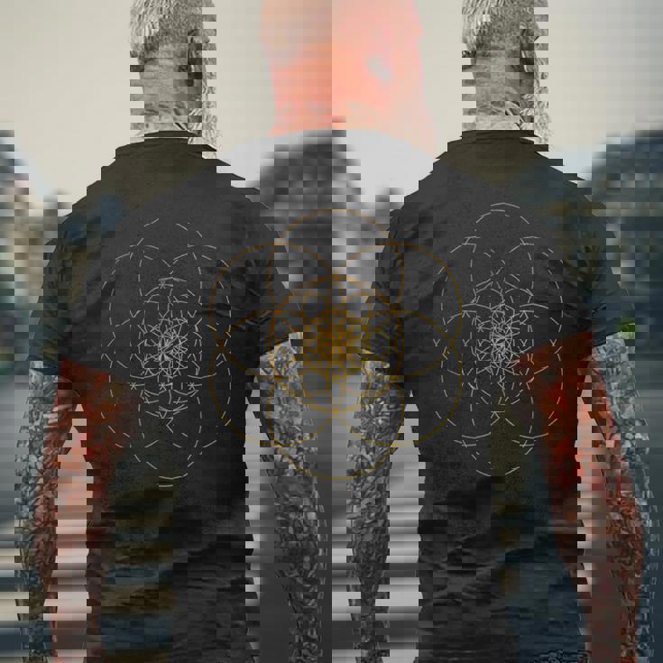 フラクタルシードオブライフ 神聖な幾何学 マンダラ バイブ アート マントラ メンズTシャツ バックプリント 高齢者への贈り物