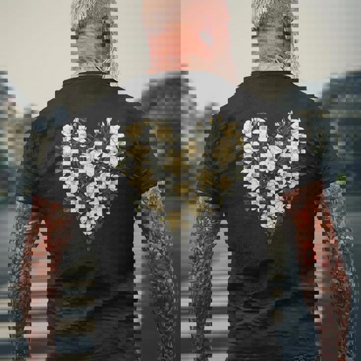 フローラル ジャスミン フラワーガール ハート バレンタインデー 植物 ママ メンズTシャツ バックプリント 高齢者への贈り物