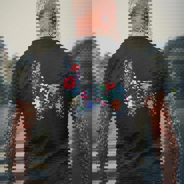 フローラルコーギーシルエット コーギー犬愛好家 メンズTシャツ バックプリント 高齢者への贈り物