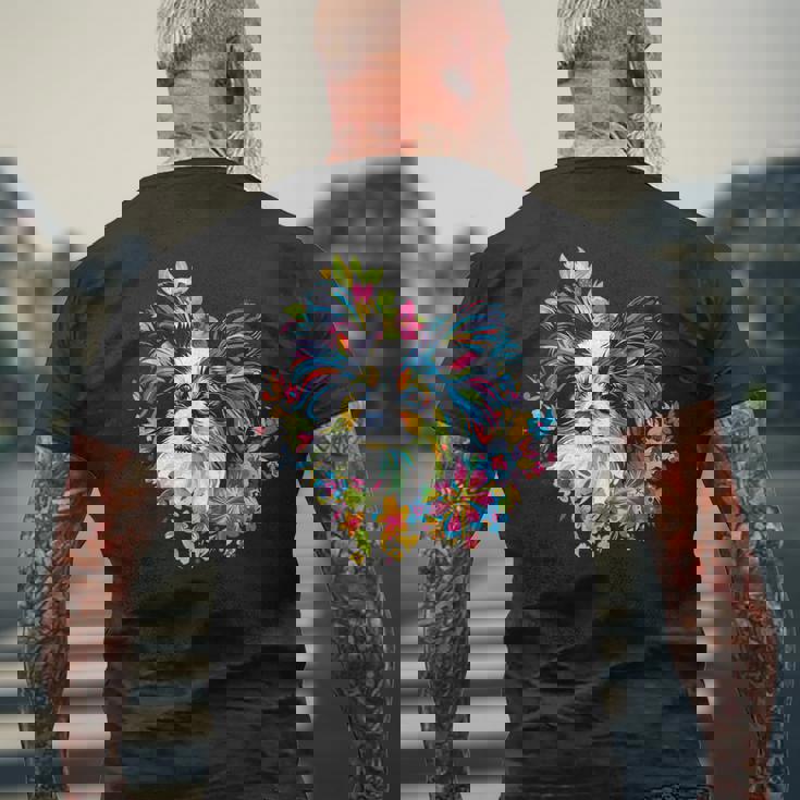 フローラル・ポップ・アート カラフルなパピヨン メンズTシャツ バックプリント 高齢者への贈り物