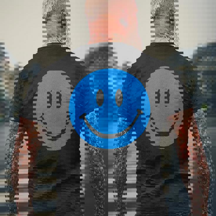 ブルースマイリーフェイス レトロブルーハッピーフェイス メンズTシャツ バックプリント 高齢者への贈り物