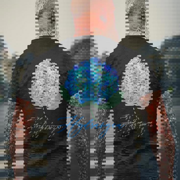 ブルーパープルアジサイフラワーレトロガーデナーアート メンズTシャツ バックプリント 高齢者への贈り物