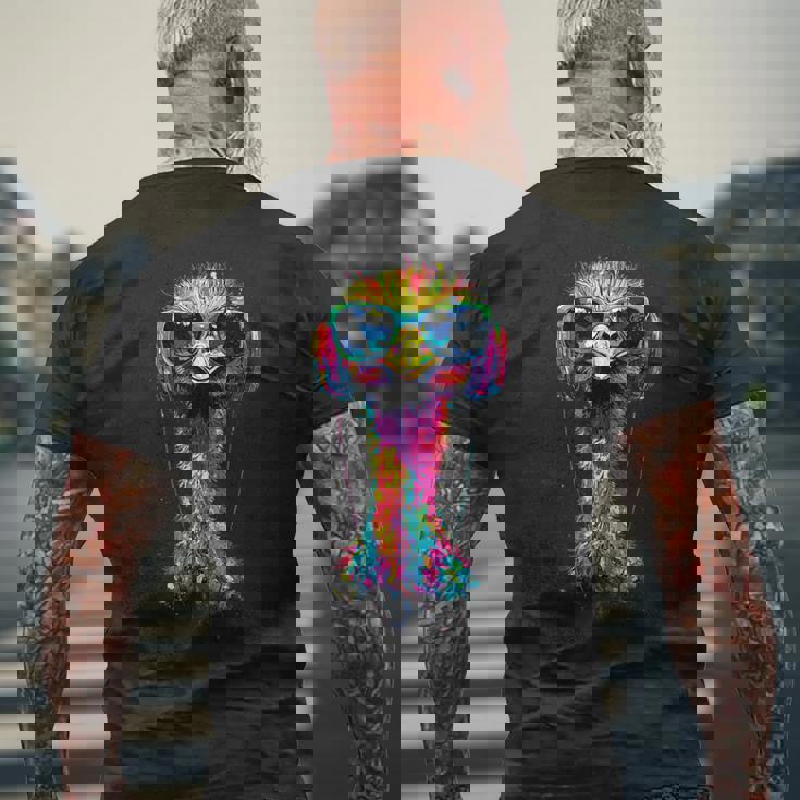 ヘッドフォン付きダチョウの鳥 カラフルなエミュー音楽djブーケ メンズTシャツ バックプリント 高齢者への贈り物