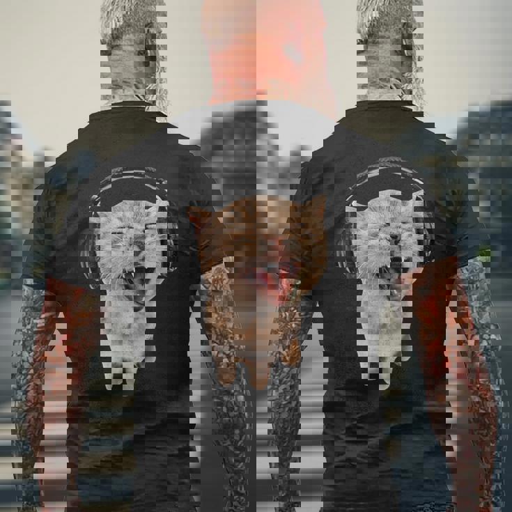 ヘッドフォン付き猫 ミーム メンズTシャツ バックプリント 高齢者への贈り物