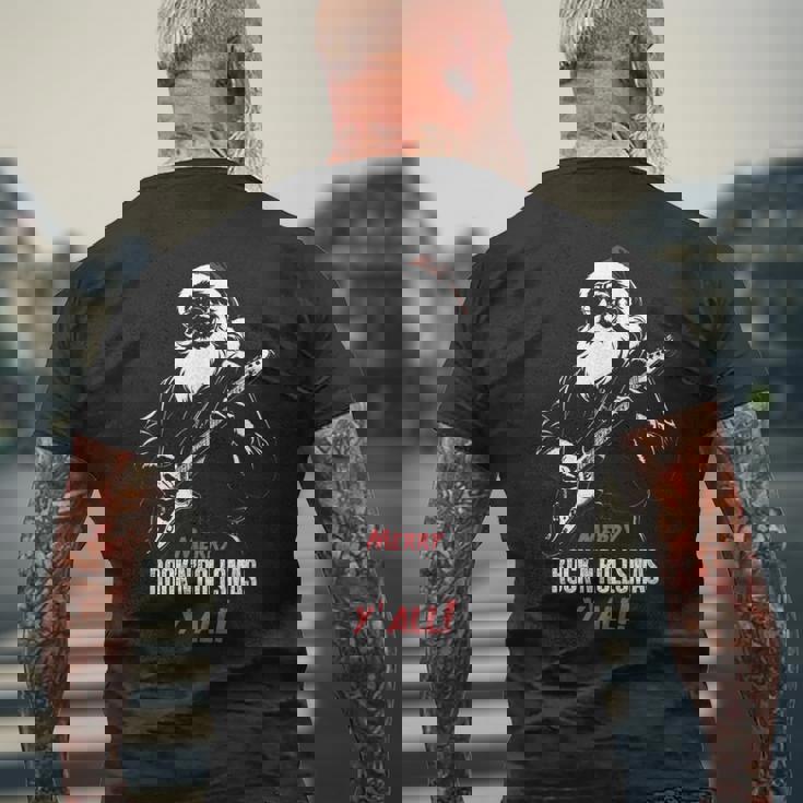 ヘヴィメタルのクリスマス、ギターを弾くサンタ メンズTシャツ バックプリント 高齢者への贈り物