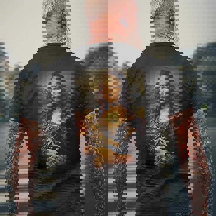 ベンガル猫 モナリザ 絵画 アート ママ お父さん メンズTシャツ バックプリント 高齢者への贈り物