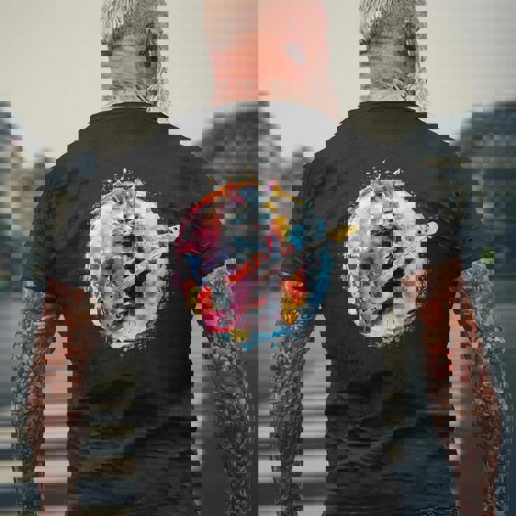 ベースギターを弾く猫水彩グラフィックデザイン メンズTシャツ バックプリント 高齢者への贈り物