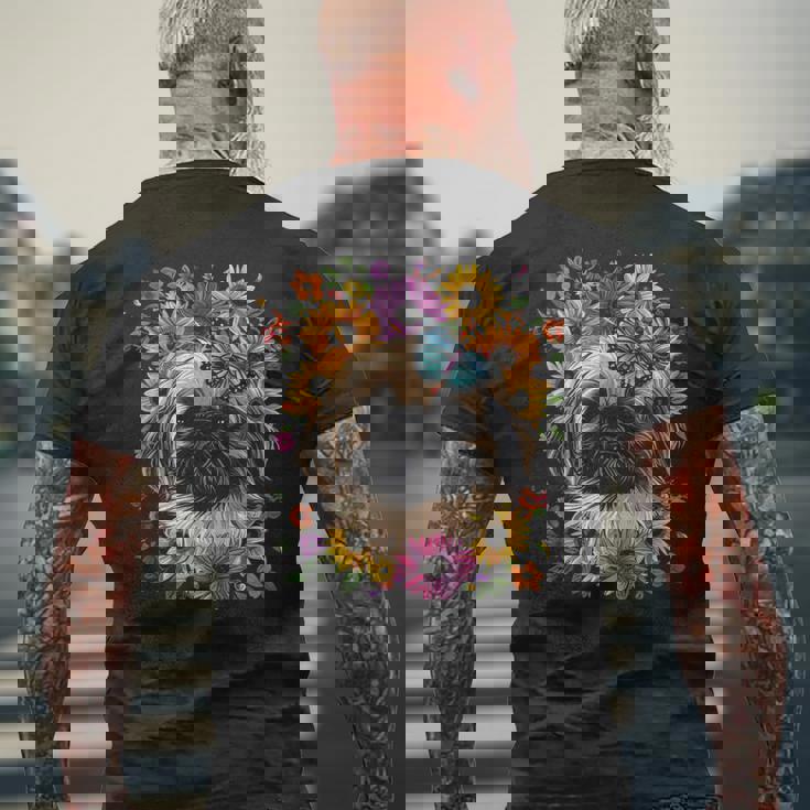 ペキニーズ犬 キュート 花柄 ひまわり コテージコア ママ お父さん メンズTシャツ バックプリント 高齢者への贈り物