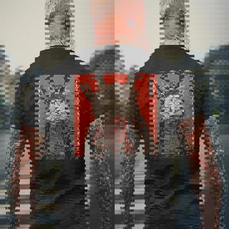 ペルシャ猫 日本美術 サムライ 浮世絵 ヴィンテージ メンズTシャツ バックプリント 高齢者への贈り物