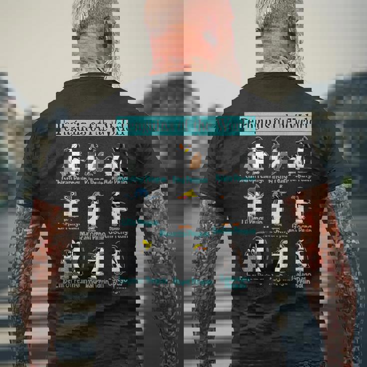 ペンギンの種類 ペンギン好き 野生動物 北極 シーバードファン メンズTシャツ バックプリント 高齢者への贈り物