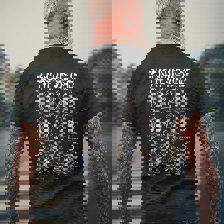 ペンギン好き 世界のペンギンズ ペンギンの種類 メンズTシャツ バックプリント 高齢者への贈り物