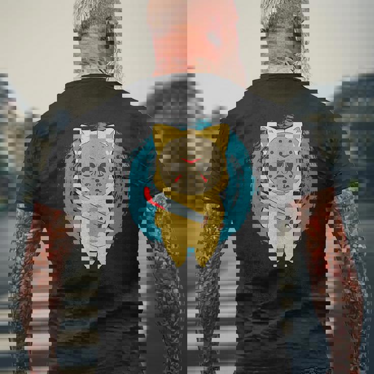 ホラー映画 ジェイソンキャット おもしろパロディ 映画 ハロウィンコスチューム メンズTシャツ バックプリント 高齢者への贈り物