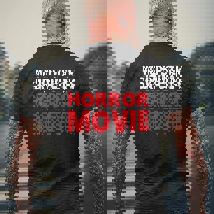 ホラー映画なら絶対生き残るよ メンズTシャツ バックプリント 高齢者への贈り物