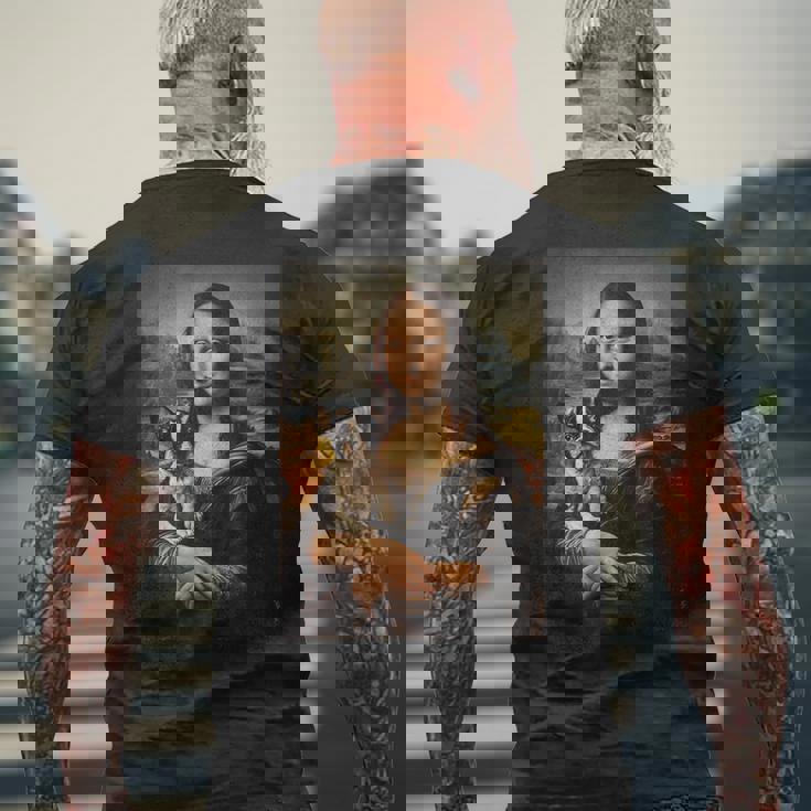 ボストンテリア モナリザ 絵画 アート 犬 ママ お父さん メンズTシャツ バックプリント 高齢者への贈り物