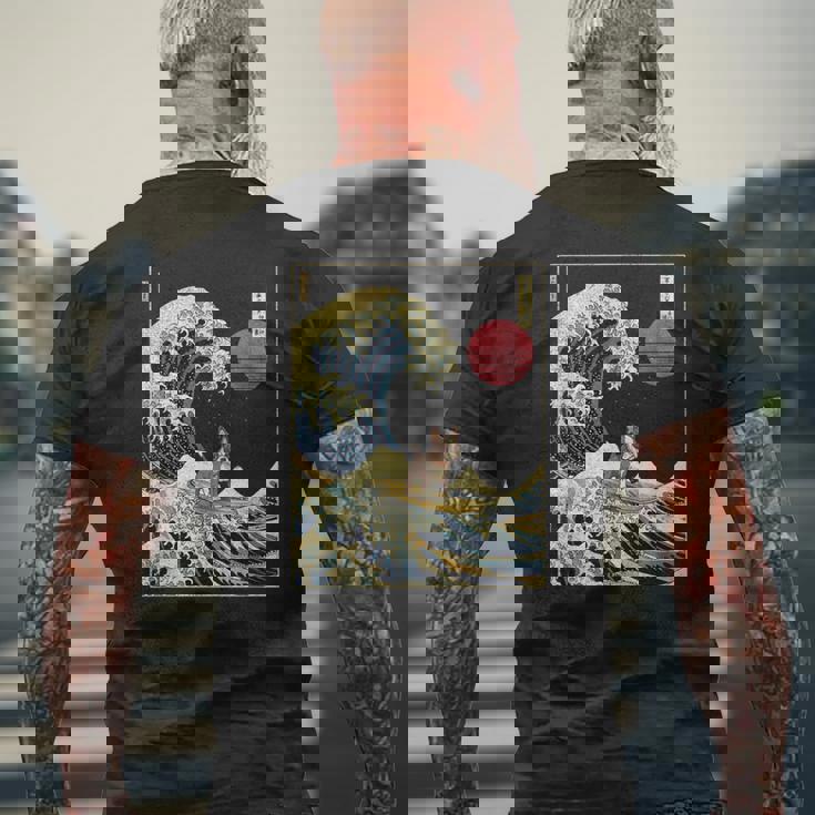 ボストンテリア 日本神奈川波 おもしろサーフドッグ メンズTシャツ バックプリント 高齢者への贈り物