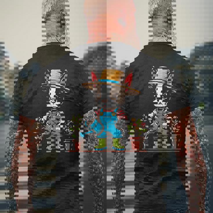 ボストンテリア 水やり 植物 ガーデニング 犬好き メンズTシャツ バックプリント 高齢者への贈り物