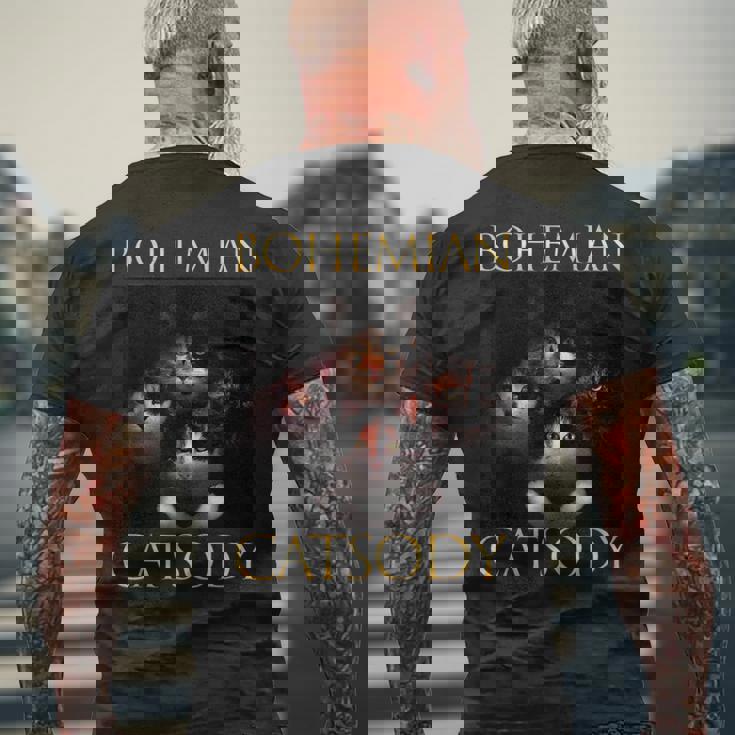 ボヘミアン キャットソディ 猫 子猫 ニャー パロディ 面白い 猫好き メンズTシャツ バックプリント 高齢者への贈り物