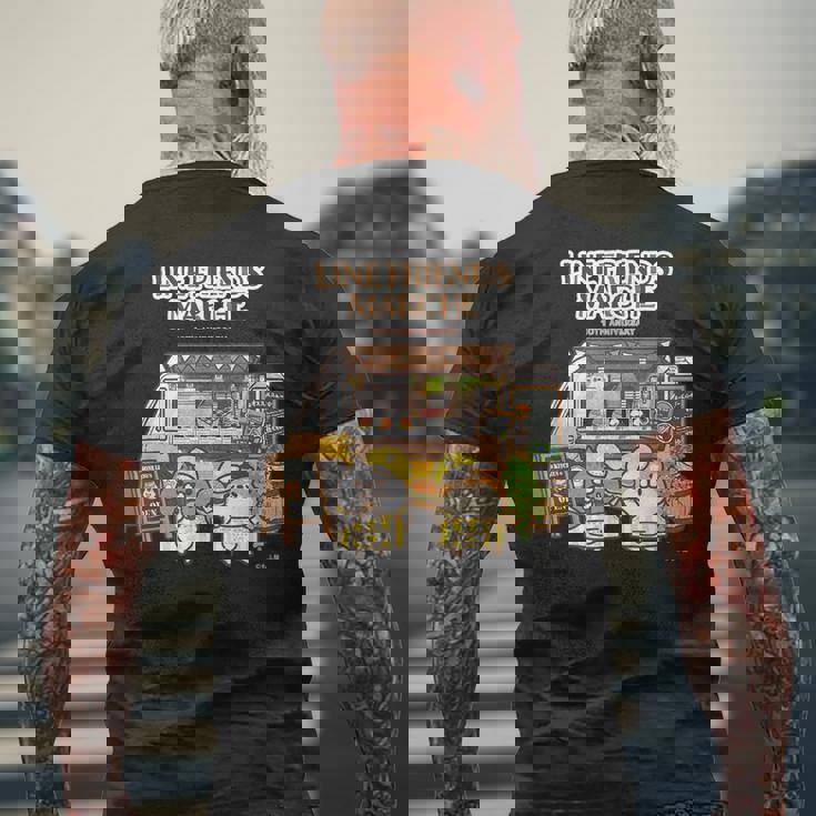 ボンレス犬とボンレス猫 キッチンカーロゴ付 ダークカラー メンズTシャツ バックプリント 高齢者への贈り物