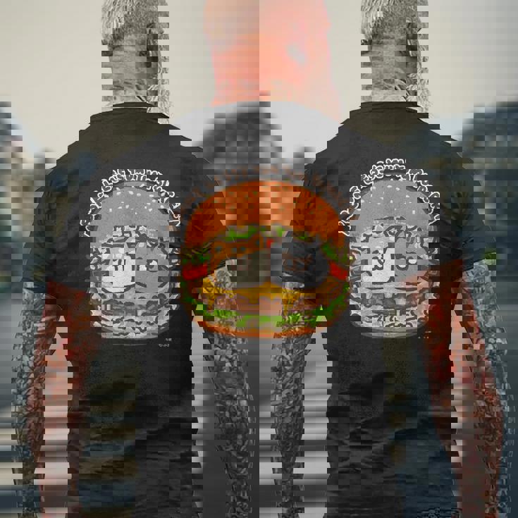 ボンレス犬とボンレス猫 ハンバーガー ダークカラー メンズTシャツ バックプリント 高齢者への贈り物