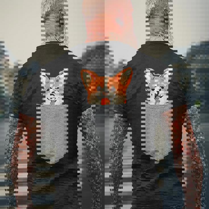 ポケットから覗く可愛いコーギーのデザイン メンズTシャツ バックプリント 高齢者への贈り物