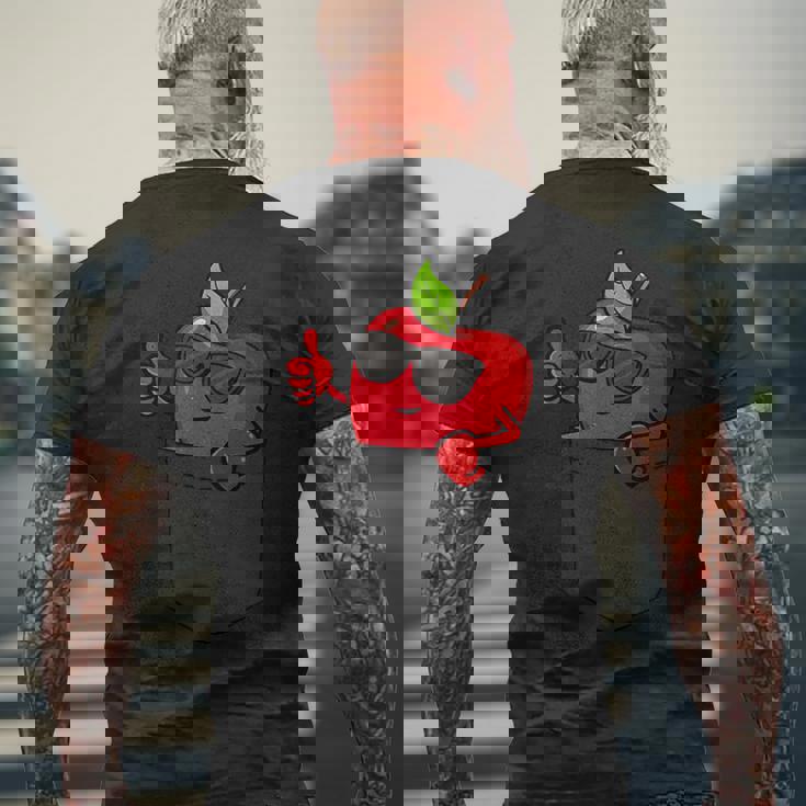 ポケットに入ったクールなリンゴ、サングラスをかけたリンゴのぞき見。 メンズTシャツ バックプリント 高齢者への贈り物