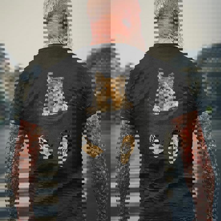 ポケットに入ったセーブルコリー犬、ラフコリーの子犬のぞき見 メンズTシャツ バックプリント 高齢者への贈り物