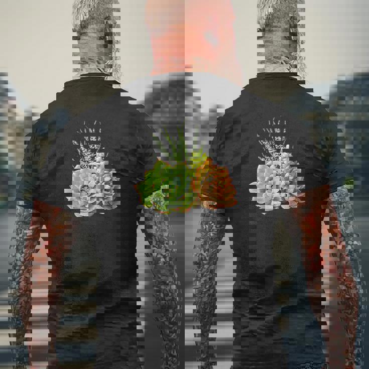 ポケットに入った多肉植物、胸にエケベリアセダム メンズTシャツ バックプリント 高齢者への贈り物