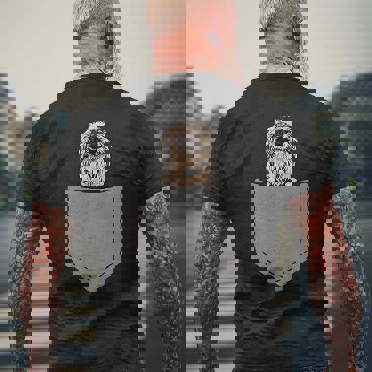 ポケットに入った面白いペキニーズ犬 犬愛好家 メンズTシャツ バックプリント 高齢者への贈り物