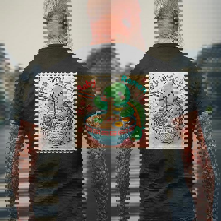 ポップ 和 アート 切手 かわいい 赤ちゃん 亀 ラーメン メンズTシャツ バックプリント 高齢者への贈り物