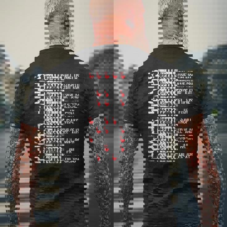 ポーカーハンド チートシートカード カジノゲーム 面白いプレイヤーギフト メンズTシャツ バックプリント 高齢者への贈り物