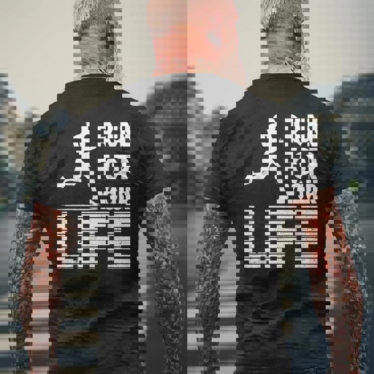 マラソンランナー Run For Your Life ランニング メンズTシャツ バックプリント 高齢者への贈り物