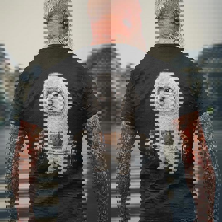 マルチーズドッグ筋トレ バーベルシュラッグバー フィットネス メンズTシャツ バックプリント 高齢者への贈り物