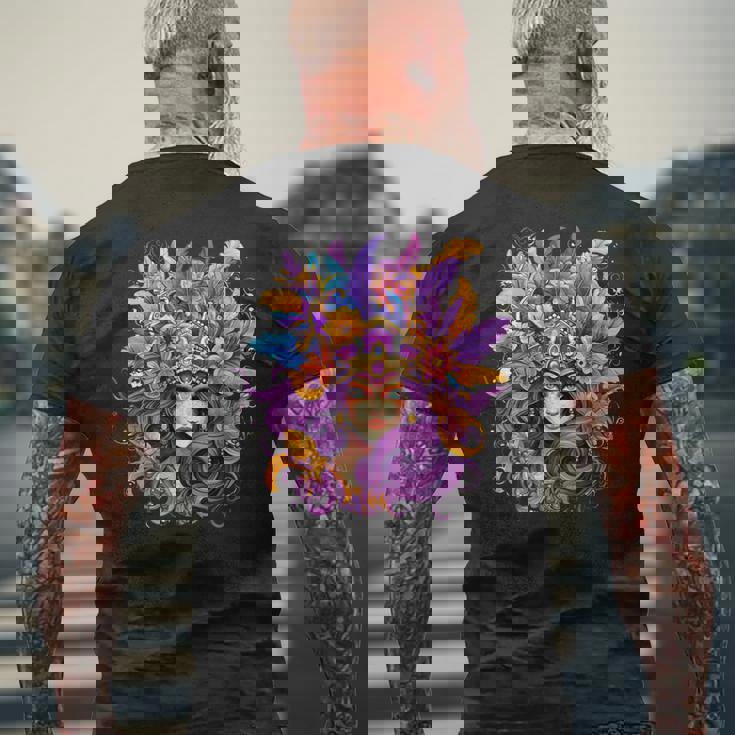 マルディグラ フェザー パープル マスク グリーン ニューオーリンズ メンズTシャツ バックプリント 高齢者への贈り物