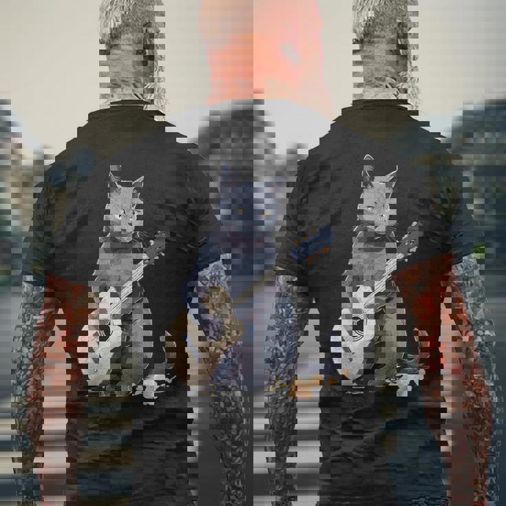 ミュージシャン ロシアンブルー猫 ギタリスト 猫とギター メンズTシャツ バックプリント 高齢者への贈り物