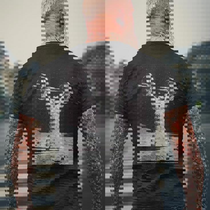 ムーンキャット 筋トレ 猫 フィットネス ジム ウェイトリフティング トレーニング 面白い猫 おもしろ メンズTシャツ バックプリント 高齢者への贈り物