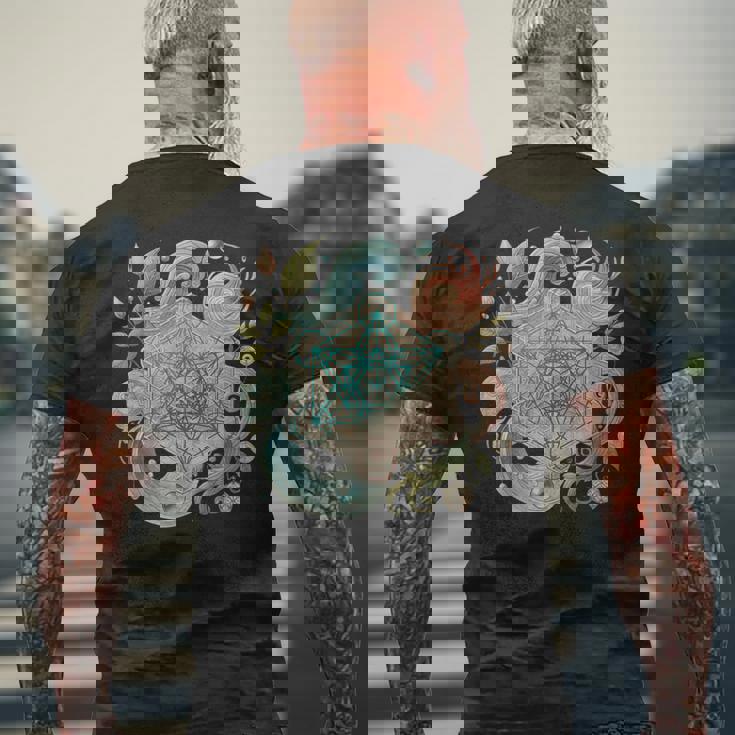 メタトロンキューブと自然の要素 火、土、水、風 メンズTシャツ バックプリント 高齢者への贈り物