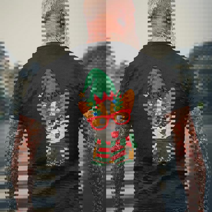 メリークリスマス かわいいオタクウェールズコーギー エルフの帽子とスカーフ付き メンズTシャツ バックプリント 高齢者への贈り物