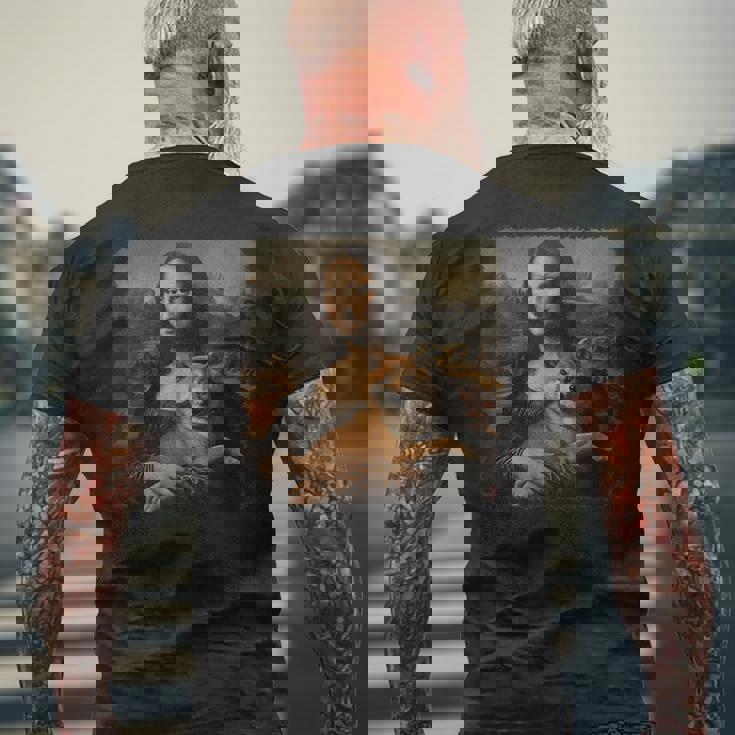 モナリザ 犬と一緒に 面白い 柴犬 アート 絵画 メンズTシャツ バックプリント 高齢者への贈り物