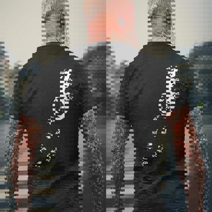 ヤモリ、トカゲ、サンショウウオ、爬虫類、動物、幸運、運勢、 足跡、足 メンズTシャツ バックプリント 高齢者への贈り物