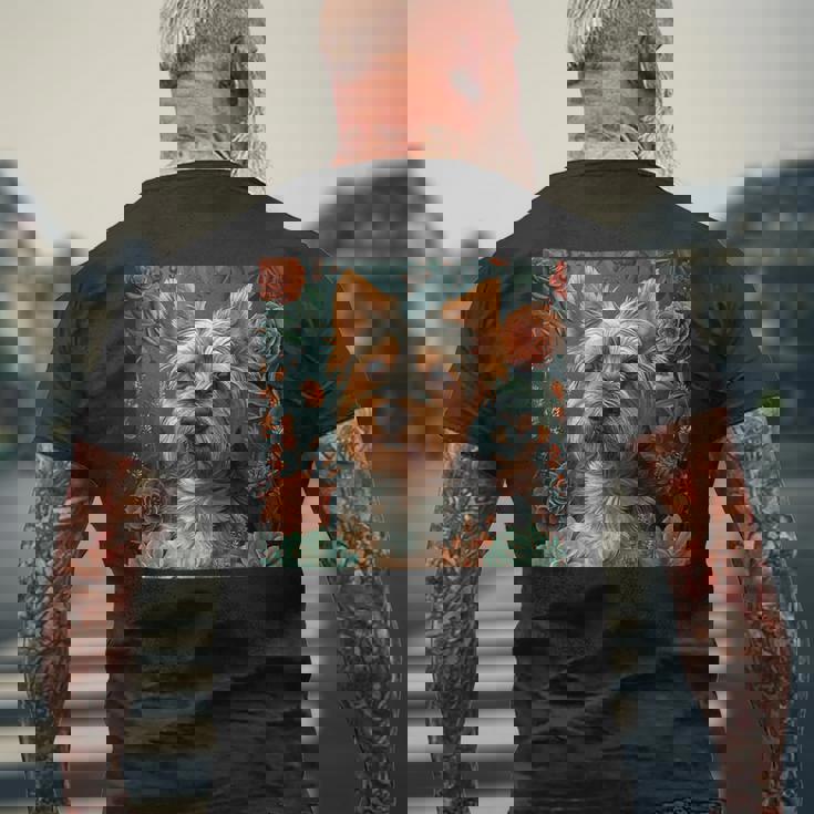 ヨークシャーテリア、ボーホースタイルのグラフィックの周りに多肉植物が描かれています。 メンズTシャツ バックプリント 高齢者への贈り物