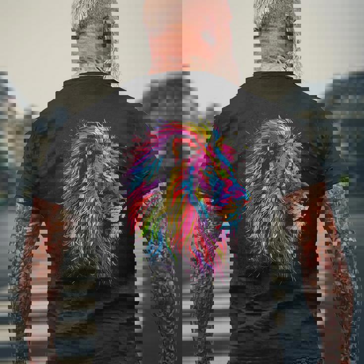 ライオンアート 抽象 カラフル 動物 グラフィック ライオン メンズTシャツ バックプリント 高齢者への贈り物