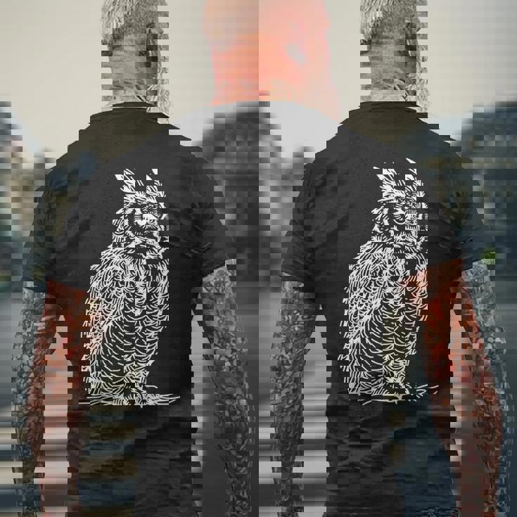 ラインアート 鳥・鳥類学者 オオツノフクロウ メンズTシャツ バックプリント 高齢者への贈り物