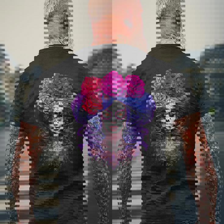 ラ・カトリーナ、ディア・デ・ロス・ムエルトス メキシコの死者の日 メンズTシャツ バックプリント 高齢者への贈り物