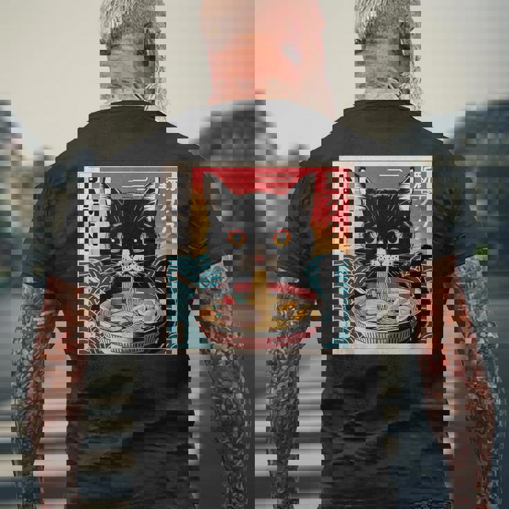 ラーメンと黒猫 和風ビンテージ メンズTシャツ バックプリント 高齢者への贈り物