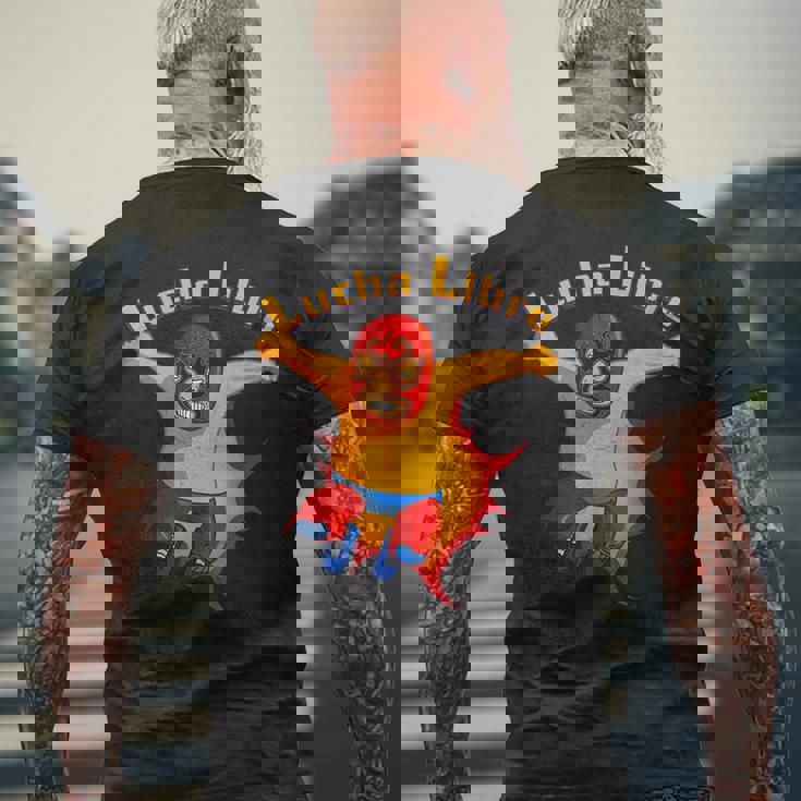 ルチャリブレメキシコ覆面レスラー漫画アクションポーズ メンズTシャツ バックプリント 高齢者への贈り物