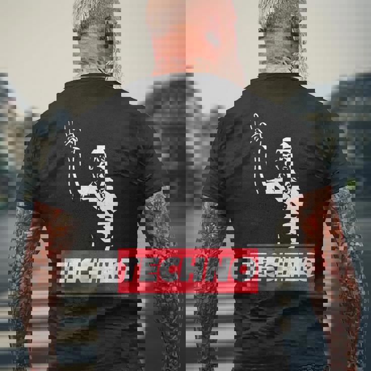 レイバー、Dj、ハードテクノパーティー、フェスティバルのためのテクノバイキング メンズTシャツ バックプリント 高齢者への贈り物