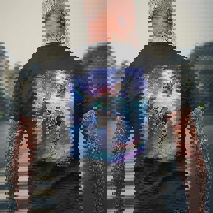 レインボーギャラクシー 宇宙に乗るサメに乗る猫 メンズTシャツ バックプリント 高齢者への贈り物