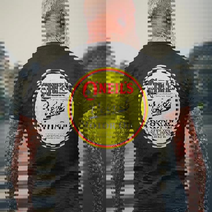 レトロ ヴィンテージ ガソリンスタンド オニールズ モーターオイル 車 バイク ガレージ メンズTシャツ バックプリント 高齢者への贈り物