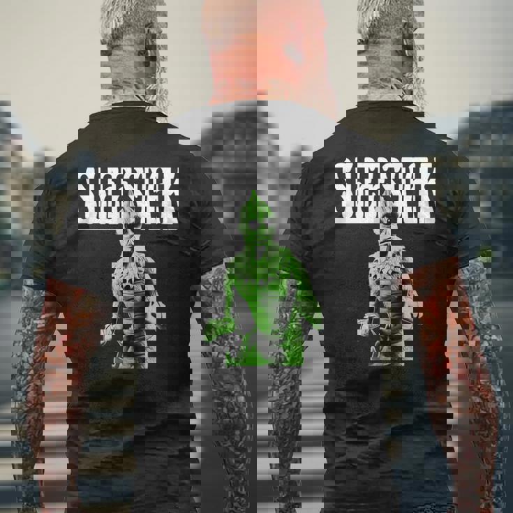 レトロなスリースタック爬虫類エイリアンのグラフィック。 メンズTシャツ バックプリント 高齢者への贈り物