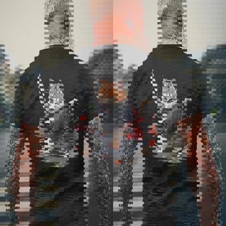 レトロな日本の侍猫グラフィック 猫愛好家 メンズTシャツ バックプリント 高齢者への贈り物